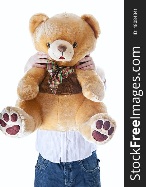 Man with big teddy bear on white background. Man with big teddy bear on white background