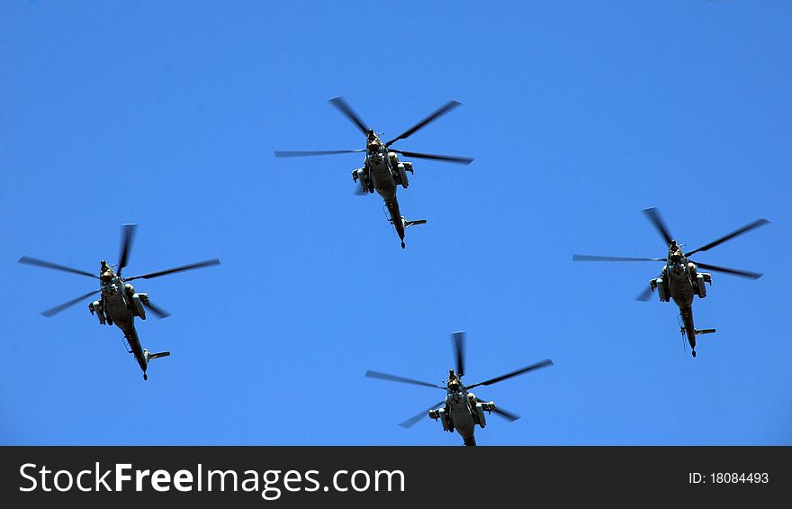 These helicopters were flying in Moscow, Russia, during Victory Day parade in 2010. These helicopters were flying in Moscow, Russia, during Victory Day parade in 2010.