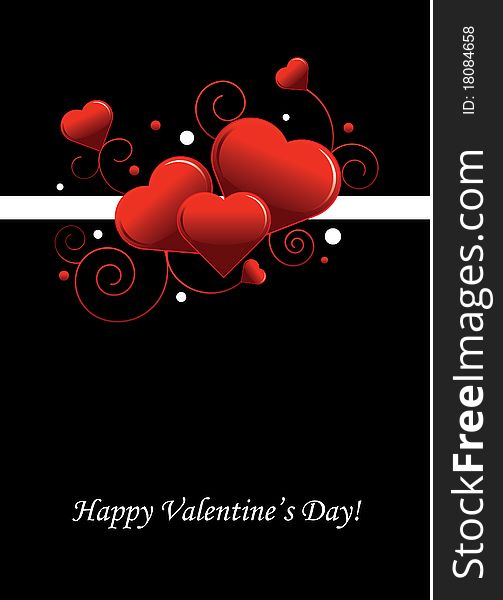 Elegant Valentine's Day postcard with stylish red hearts, colorful circles and swirls