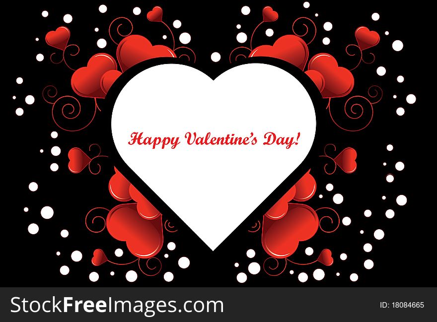 Valentine's Day black and white background with stylish red hearts, colorful circles and swirls. Valentine's Day black and white background with stylish red hearts, colorful circles and swirls