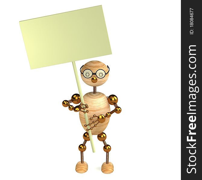 3d wood man with a blank board isolated