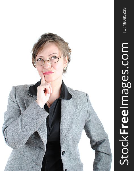 Thoughtful business woman looking right, isolated over a white background. Thoughtful business woman looking right, isolated over a white background
