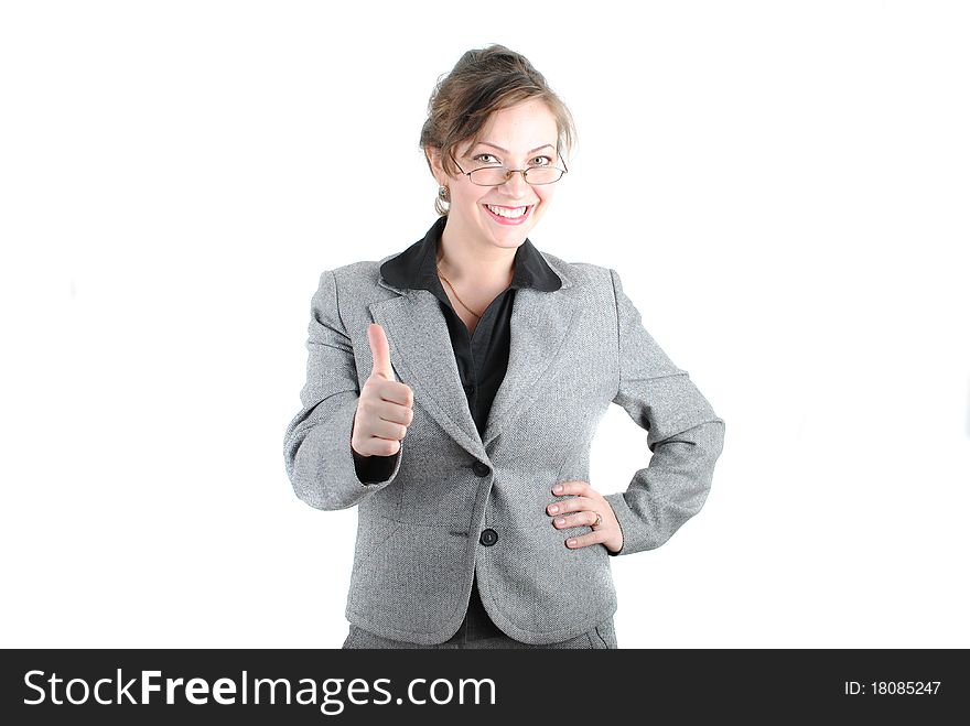Studio portrait of young business woman showing OK sign, looking at camera and smiling. Isolated on white background. Studio portrait of young business woman showing OK sign, looking at camera and smiling. Isolated on white background