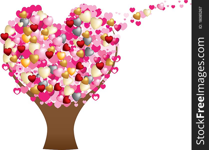 Detailed flat and 3d hearts forming the shape of a love tree. Detailed flat and 3d hearts forming the shape of a love tree