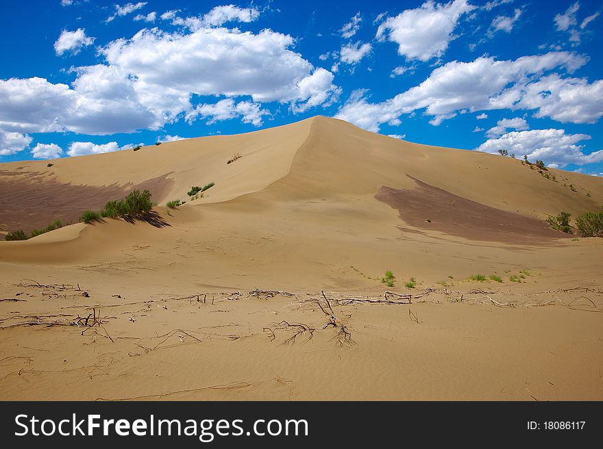 Hot sandy desert with the blue sky