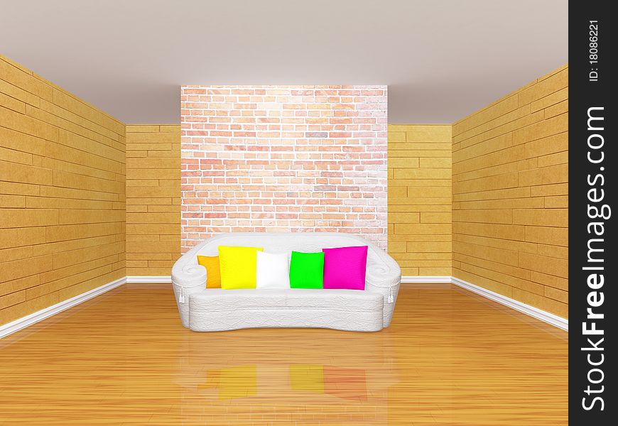 Gallery's hall with sofa with multicolored pillows