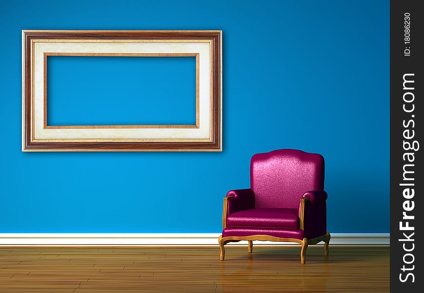 Purple chair with empty frame in blue minimalist interior