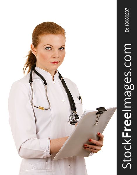 Red hair doctor with stethoscope and notes