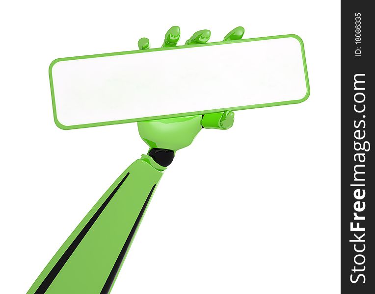 Robotic hand hold a green blank plate. Robotic hand hold a green blank plate