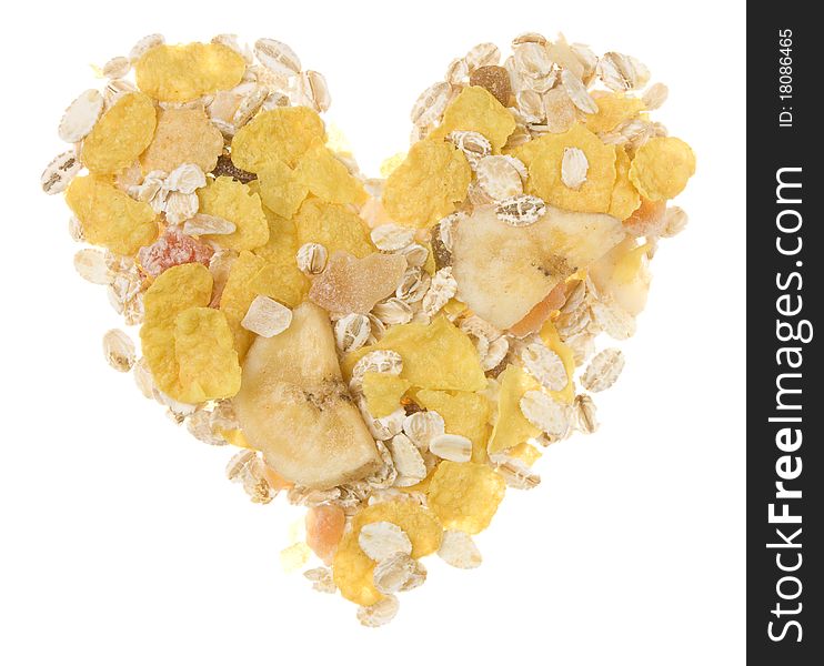 Heart made of cereals and dried fruit mix. Heart made of cereals and dried fruit mix