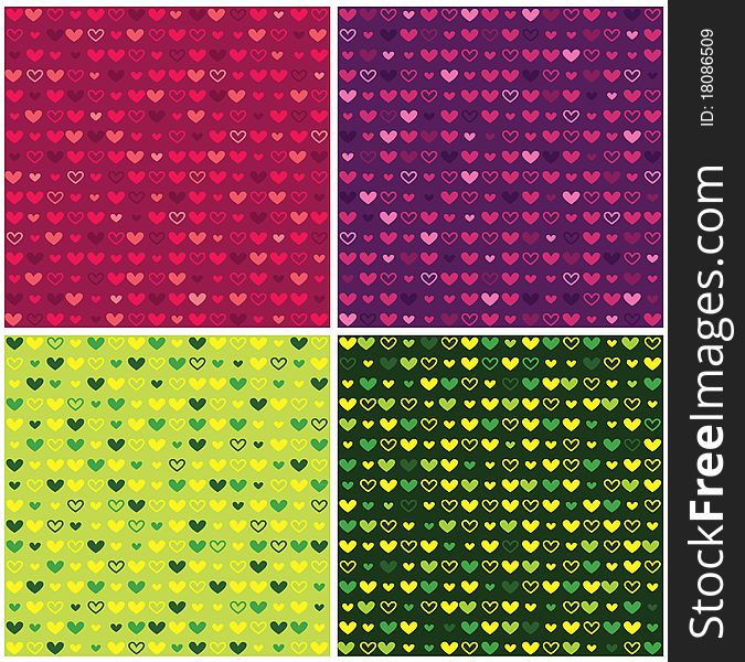 Repeated colored shapes and contours of hearts on a colored background. Repeated colored shapes and contours of hearts on a colored background