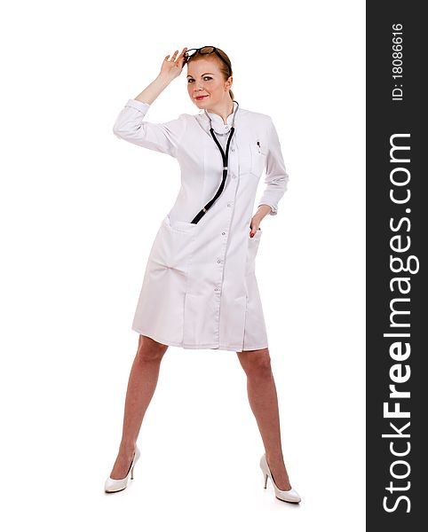 Beautiful successful female doctor over white background