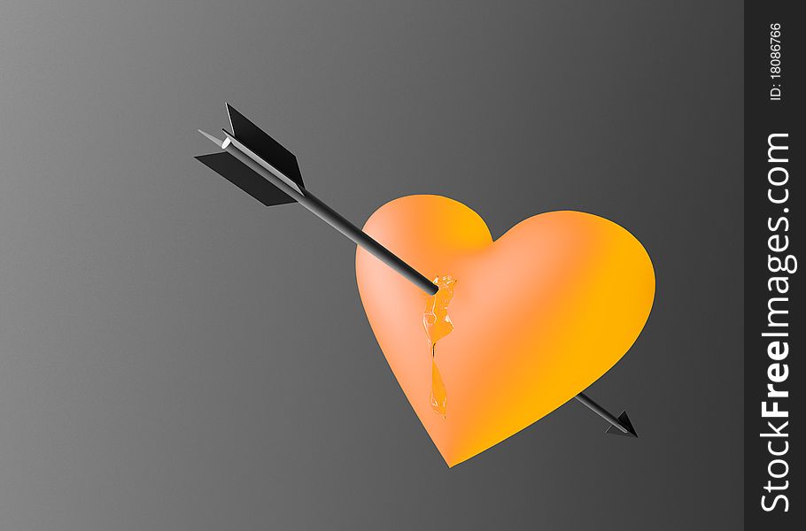 Arrow through yellow heart on grey background. Arrow through yellow heart on grey background