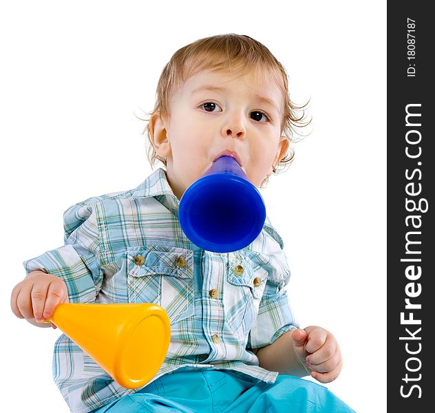 Baby boy shouting through a toy like megaphone, isolated