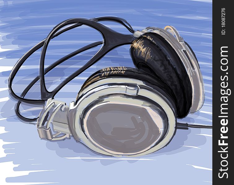 Headphones on blue background - color paint. Vector illustration - eps10