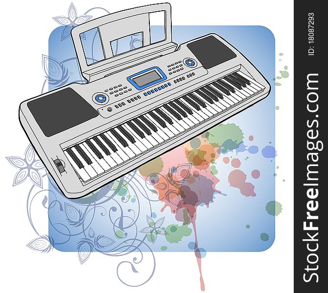 Electronic musical midi keyboard - synth & floral calligraphy ornament - a stylized orchid, color paint background