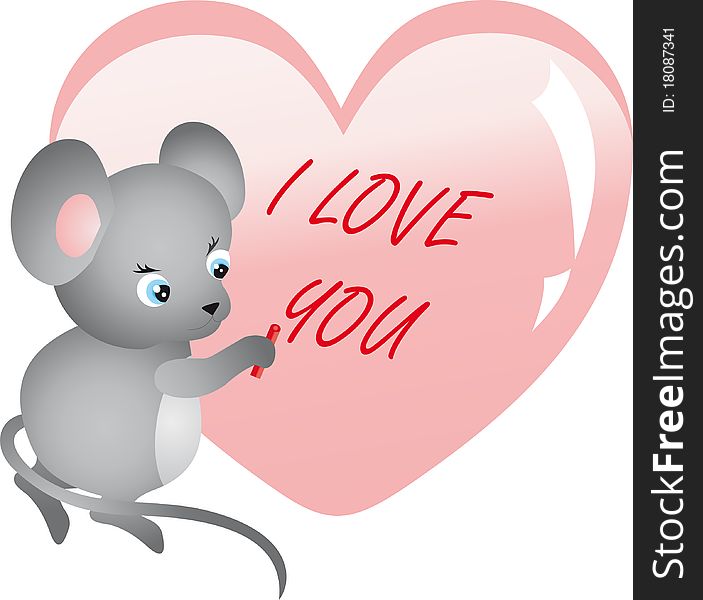 Mouse writing on heart. Vector isolated on white background