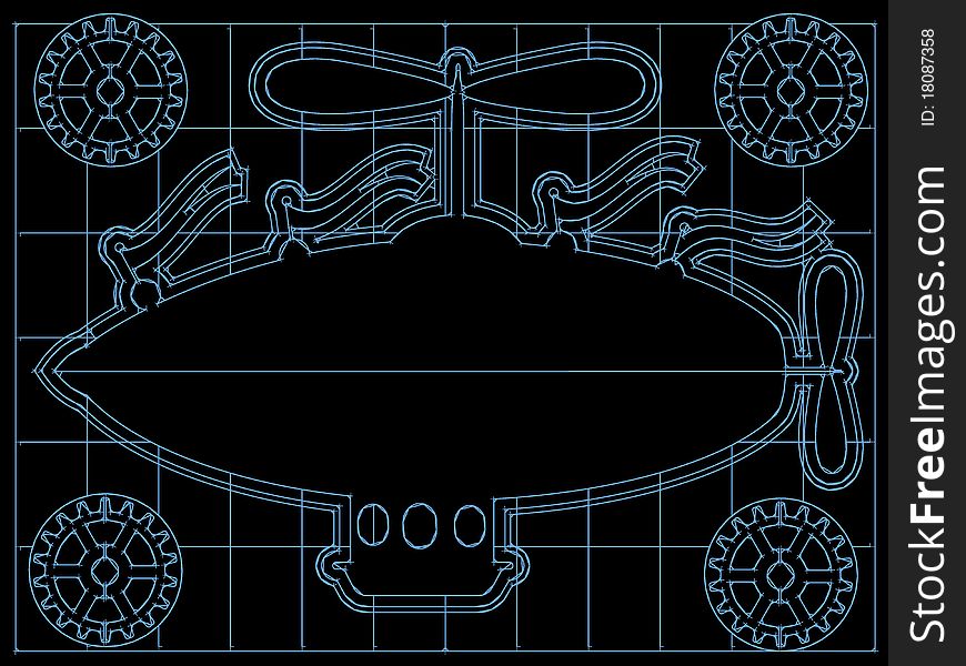 Fantasy Airship Blueprint Gears, Flags Outline On