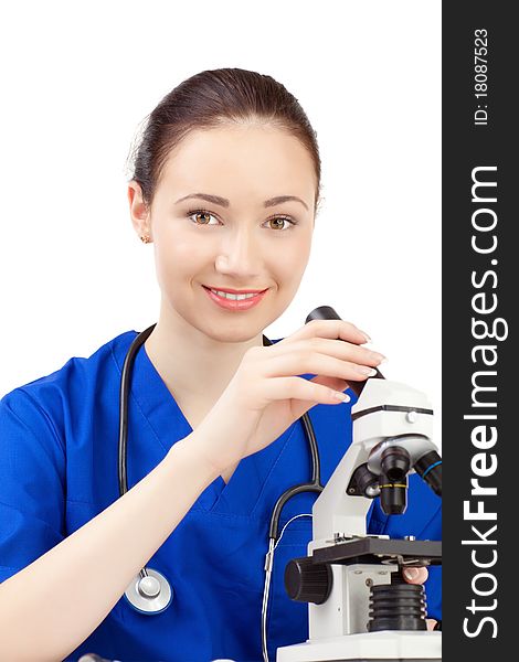 Woman doctor in uniform stay over white background