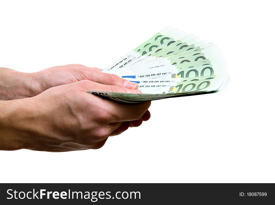 Money in man's hands, isolated on white
