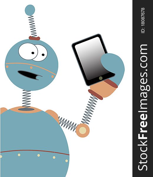 Wowing the tablet tech a cartoon robot holds a copy space friendly device in his amazed hand editable  illustration. Wowing the tablet tech a cartoon robot holds a copy space friendly device in his amazed hand editable  illustration
