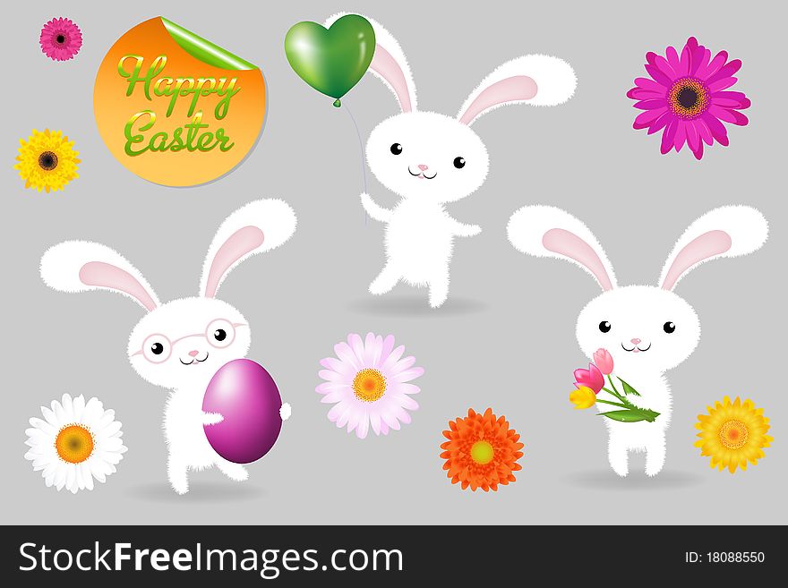 3 Rabbits With Egg, Balloon And Fower, Happy Easter Greeting Card, Vector Illustration. 3 Rabbits With Egg, Balloon And Fower, Happy Easter Greeting Card, Vector Illustration