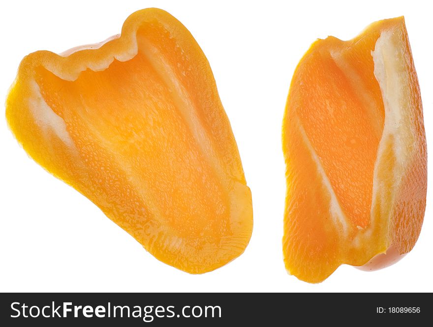 Pair of Sliced Orange Bell Peppers Isolated on White with a Clipping Path.