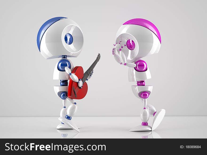 3d robot-boy singing a love serenade to his robot-girl