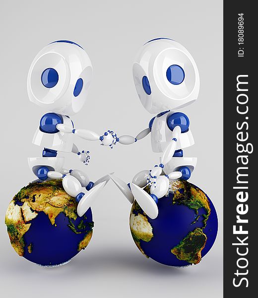Two 3d  robots holding their hands sitting on the world globe. Two 3d  robots holding their hands sitting on the world globe