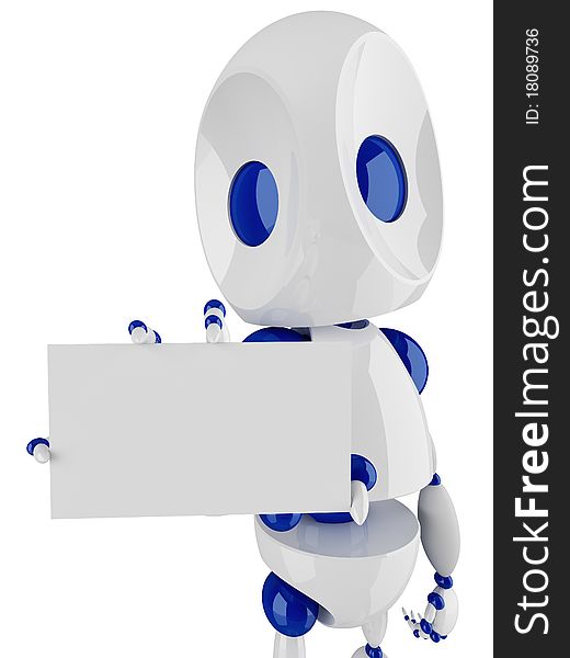 Small robot holding and presenting a blank card