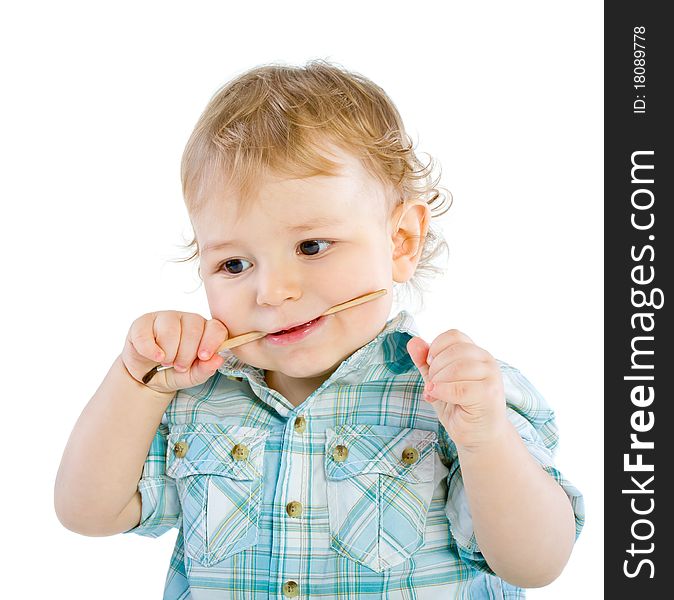 Beautiful baby with paint brush. Isolated.