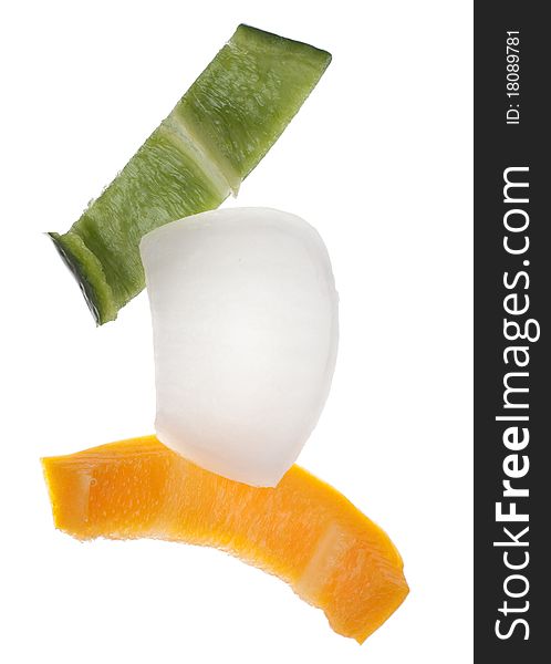 Sliced Peppers and Onion Isolated on White with a Clipping Path.