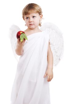 Boy Angel Gives A Red Apple Royalty Free Stock Photos