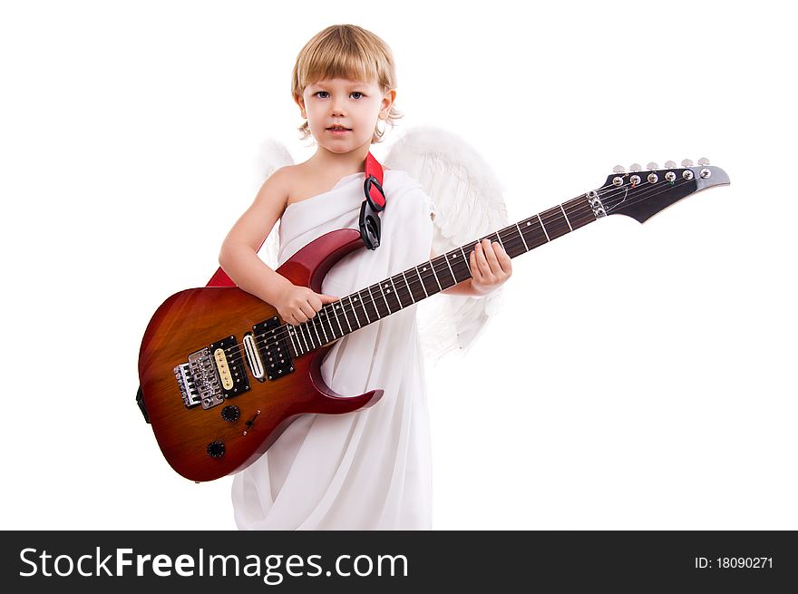 Boy angel with wings and is holding a play on the red electronic guitar music. Boy angel with wings and is holding a play on the red electronic guitar music