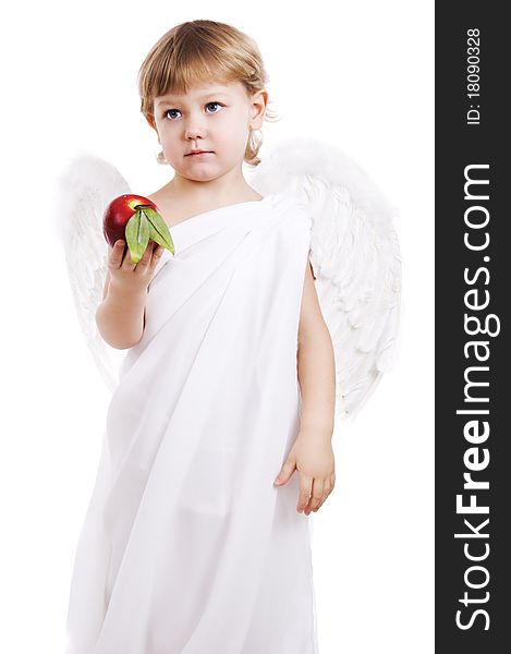 Boy angel with wings gives red apple. Boy angel with wings gives red apple
