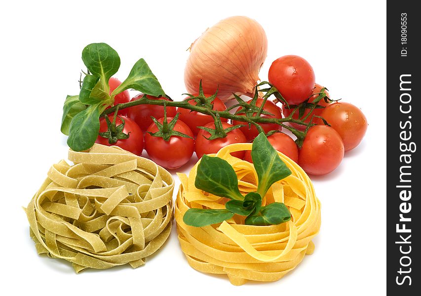 Italian pasta tagliatelle with vegetables on a white background