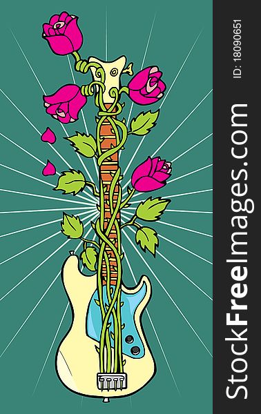 This is a illustration of bass guitar with strings in the form of roses. This is a illustration of bass guitar with strings in the form of roses