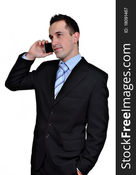 Portrait of business man with mobile phone. isolated on white background