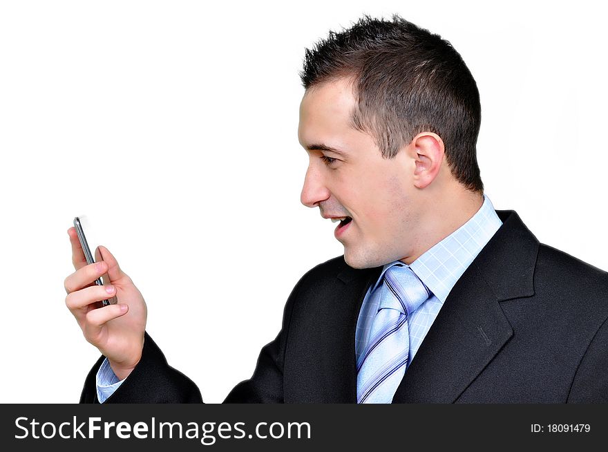 Portrait of business man with mobile phone. isolated on white background