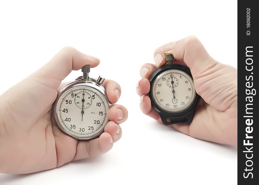 Stopwatches in their hands on a white background