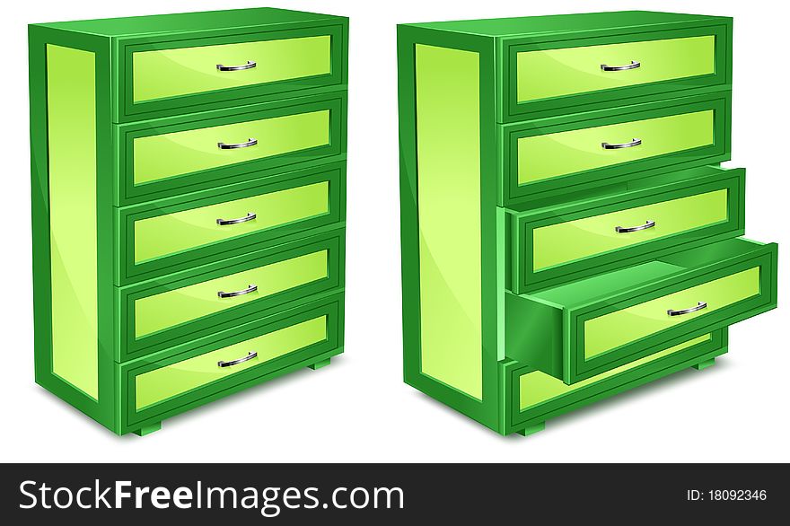 Wooden commode with drawers in green isolated over white, illustration. Wooden commode with drawers in green isolated over white, illustration