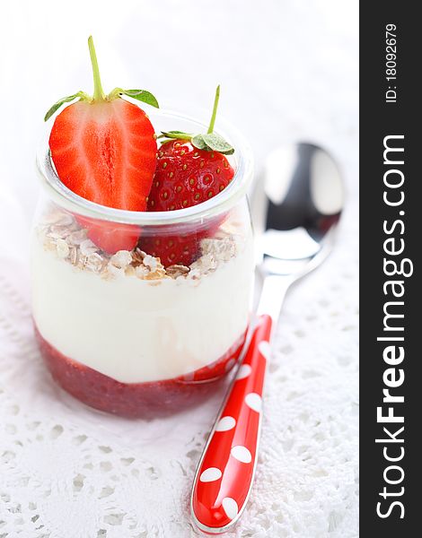 Yogurt with jam and fresh strawberry. Yogurt with jam and fresh strawberry