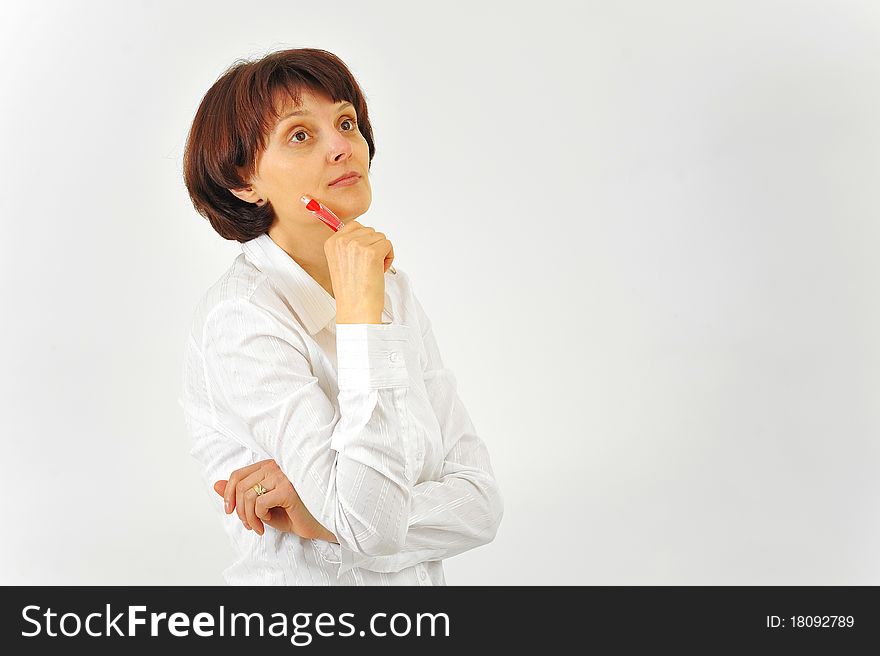 Woman in business suit, thinking isoalted on white