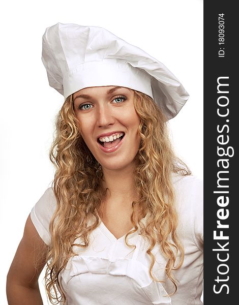 Young woman in white chef dress smiling. Young woman in white chef dress smiling