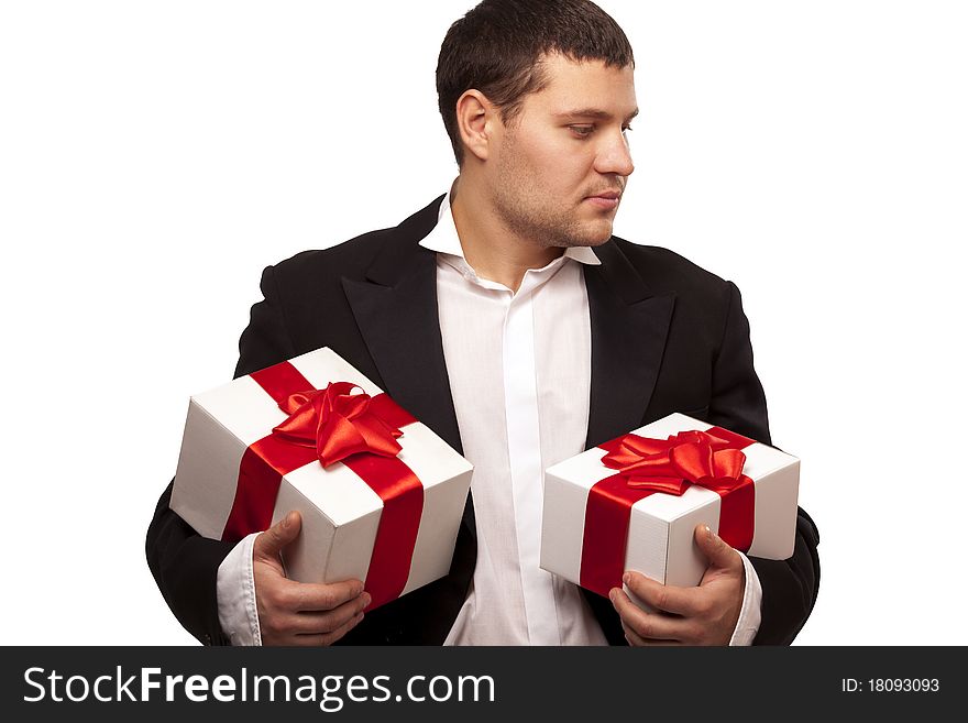 Gentleman with gift boxes. Isolated over white background