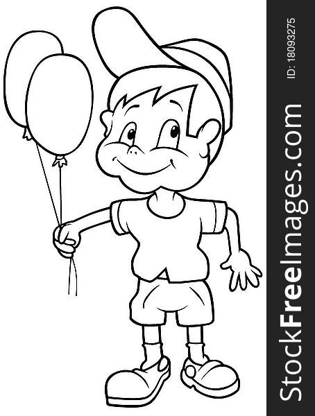 Boy with Balloons - Black and White Cartoon illustration, Vector