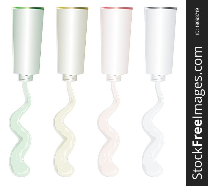 Four colored open tubes with cream on a white background