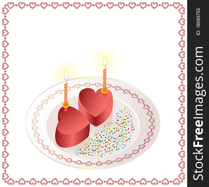 Two Cakes In The Form Of Heart With Candles