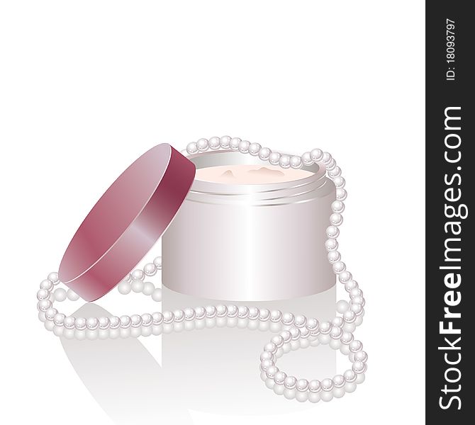 Cream jar and pearl necklace isolated on a white background