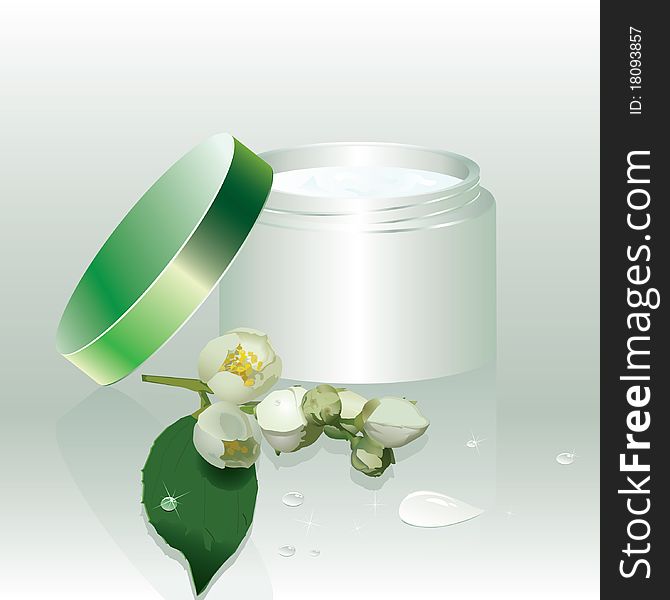 Green jar with cream and beautiful flowers on a glass background